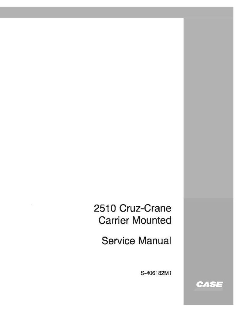 Op de afbeelding: Een witte servicehandleiding met de titel "2510 Cruz-Crane Carrier Mounted" met de tekst "Service Manual" eronder. De handleiding heeft een grijze verticale streep aan de rechterkant met het CASE-logo onderaan.