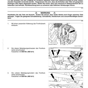 May include: A technical manual page titled Frontkraftheber - Montieren featuring black and white line drawings of tractor front linkage installation. It includes safety warnings and instructions for tightening bolts and nuts to 650 Nm (480 lb ft).