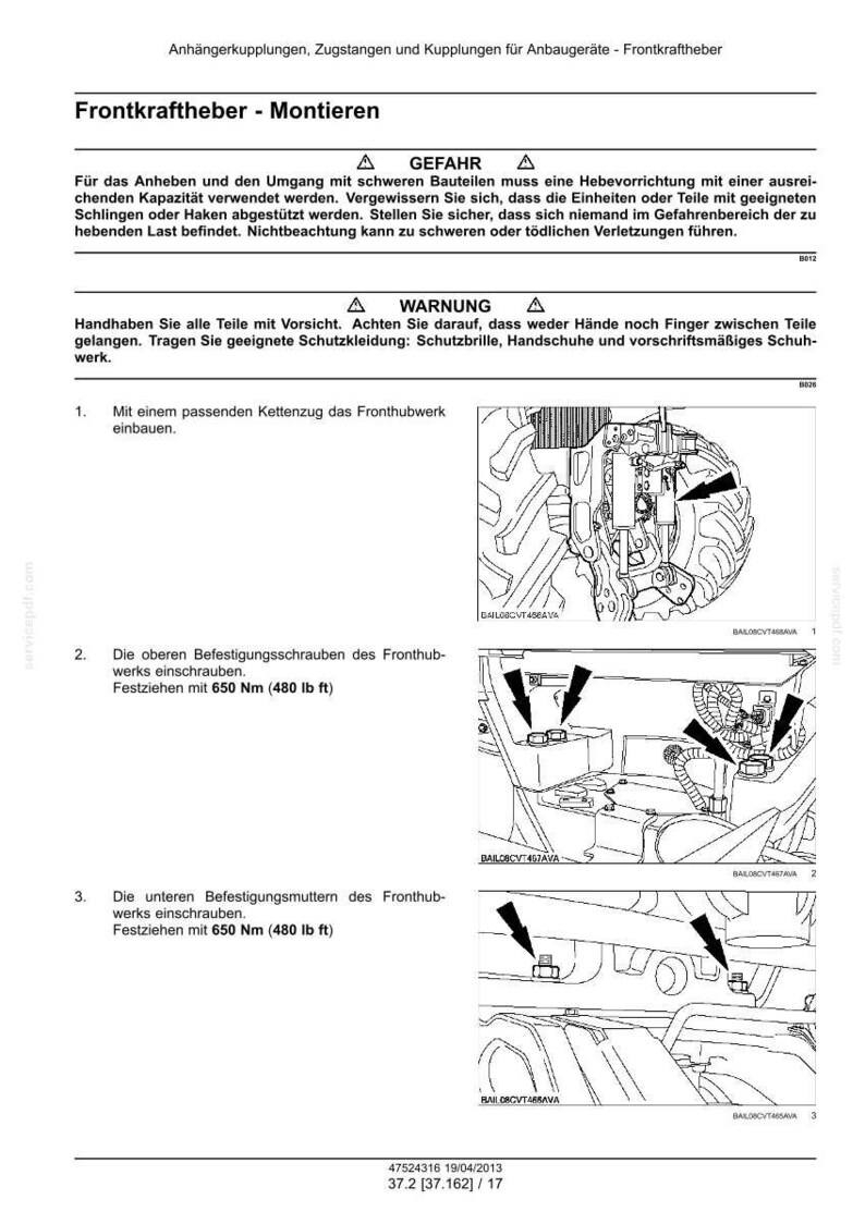 May include: A technical manual page titled Frontkraftheber - Montieren featuring black and white line drawings of tractor front linkage installation. It includes safety warnings and instructions for tightening bolts and nuts to 650 Nm (480 lb ft).