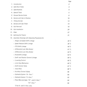 May include: A printed manual page titled "TABLE OF CONTENTS." The page lists sections including Introduction, Safe Work Rules, Specifications, and Assembly Drawings. Page numbers are listed to the right of each section.