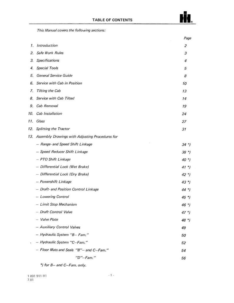 May include: A printed manual page titled "TABLE OF CONTENTS." The page lists sections including Introduction, Safe Work Rules, Specifications, and Assembly Drawings. Page numbers are listed to the right of each section.