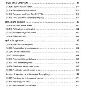 May include: A detailed page from a manual, listing various mechanical systems. Sections include Rear Axle System, Power Take-Off, Brakes and Controls, Hydraulic Systems, Hitches, Drawbars, and Steering. The document is dated 07/05/2013.