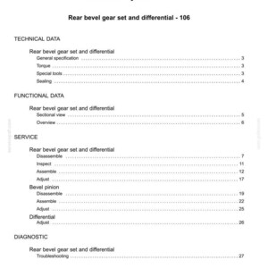 May include: A detailed table of contents from a technical manual, with headings like "Rear axle system" and "Rear bevel gear set and differential." The document includes sections on technical, functional, service, and diagnostic data.