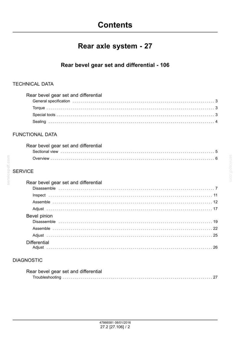May include: A detailed table of contents from a technical manual, with headings like "Rear axle system" and "Rear bevel gear set and differential." The document includes sections on technical, functional, service, and diagnostic data.