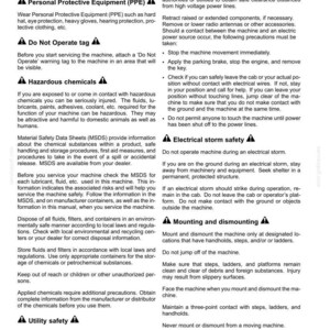 May include: A black and white document titled 2-SAFETY INFORMATION, containing detailed instructions on seat belts, personal protective equipment, hazardous chemicals, electrical storm safety, and proper mounting and dismounting procedures.