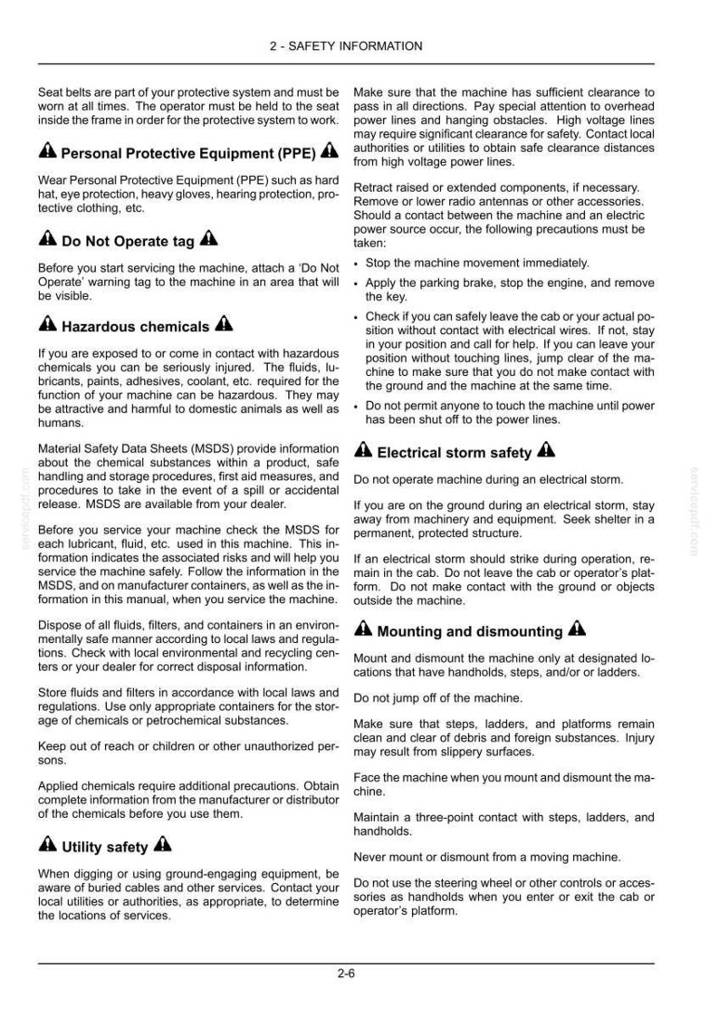 May include: A black and white document titled 2-SAFETY INFORMATION, containing detailed instructions on seat belts, personal protective equipment, hazardous chemicals, electrical storm safety, and proper mounting and dismounting procedures.