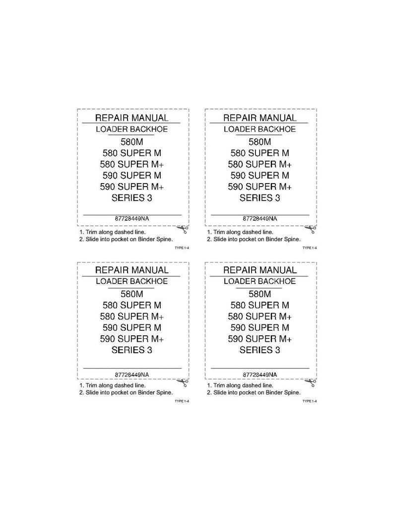 Peut inclure: Quatre documents rectangulaires identiques de manuel de r&eacute;paration pour une pelle r&eacute;tro, chacun avec le m&ecirc;me texte en noir. Le texte comprend les num&eacute;ros de mod&egrave;le et les instructions de coupe et de reliure. Les documents sont sur fond blanc.