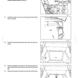 May include: Diagram of a combine harvester's internal components, including the dipstick tube, sensor connection, gearbox, grain tank steps, strawhood access door, and access panel bolts. Text instructions are included.