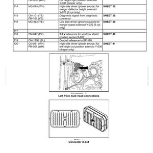 Puede incluir: Diagrama de sistemas el&eacute;ctricos, arneses y conectores. Incluye una tabla con n&uacute;meros de pin, n&uacute;meros de cable y referencias de circuito. Tambi&eacute;n muestra un conector etiquetado X-044 y un diagrama de las conexiones del mamparo delantero izquierdo.
