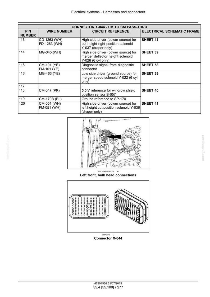 Puede incluir: Diagrama de sistemas el&eacute;ctricos, arneses y conectores. Incluye una tabla con n&uacute;meros de pin, n&uacute;meros de cable y referencias de circuito. Tambi&eacute;n muestra un conector etiquetado X-044 y un diagrama de las conexiones del mamparo delantero izquierdo.