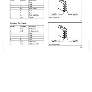 May include: Diagram of electrical connectors for a radio system. The image includes tables detailing cavity, circuit ID, and description, along with illustrations of the connectors. Text includes "SECTION 55 - ELECTRICAL - CHAPTER 5".