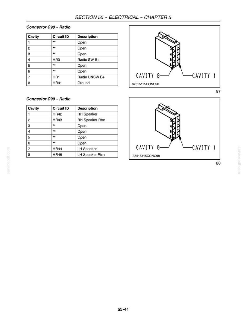 May include: Diagram of electrical connectors for a radio system. The image includes tables detailing cavity, circuit ID, and description, along with illustrations of the connectors. Text includes "SECTION 55 - ELECTRICAL - CHAPTER 5".