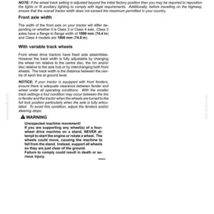 May include: A technical document page titled 6-WORKING OPERATIONS, detailing front wheel track adjustment for tractors. It includes instructions on front axle width, variable track wheels, and a warning about unexpected machine movement.