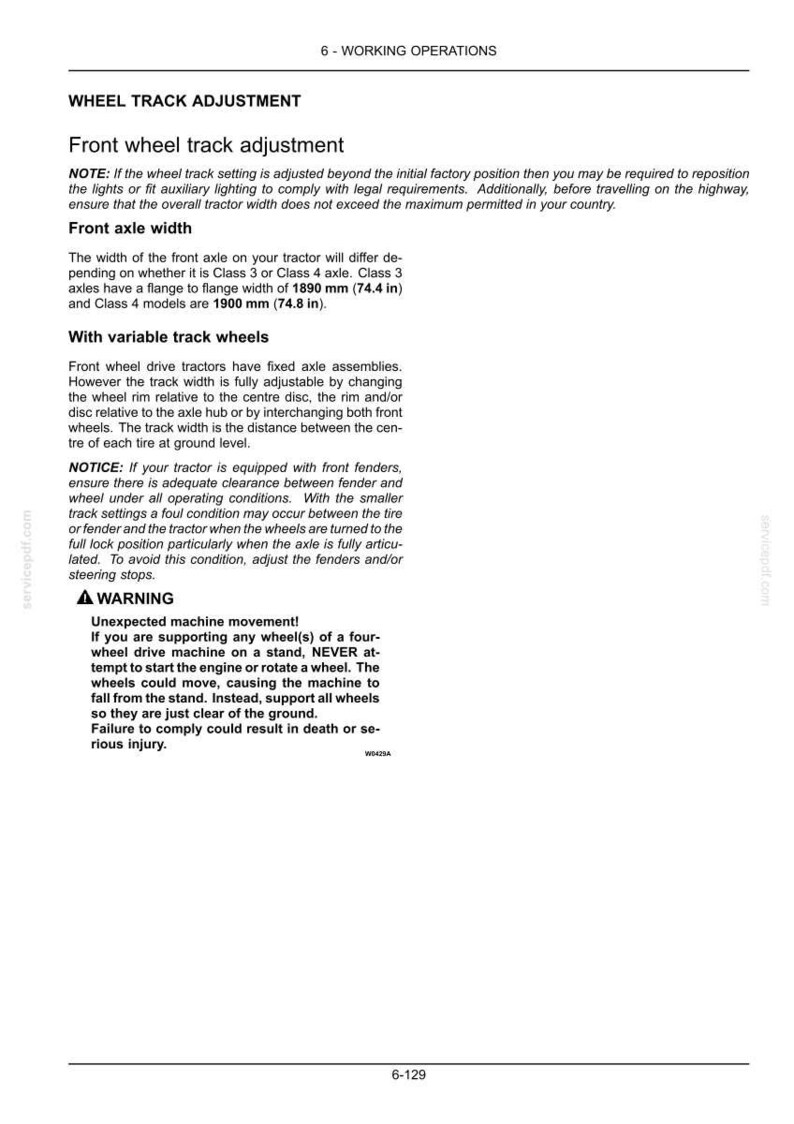 May include: A technical document page titled 6-WORKING OPERATIONS, detailing front wheel track adjustment for tractors. It includes instructions on front axle width, variable track wheels, and a warning about unexpected machine movement.