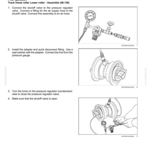 Peut inclure: Sch&eacute;ma d'un test de fuite de rouleau de ch&acirc;ssis de chenille, avec des illustrations d&eacute;taill&eacute;es du processus d'assemblage. Comprend un manom&egrave;tre, une vanne d'arr&ecirc;t et d'autres composants m&eacute;caniques. Texte avec instructions et num&eacute;ros de pi&egrave;ces.