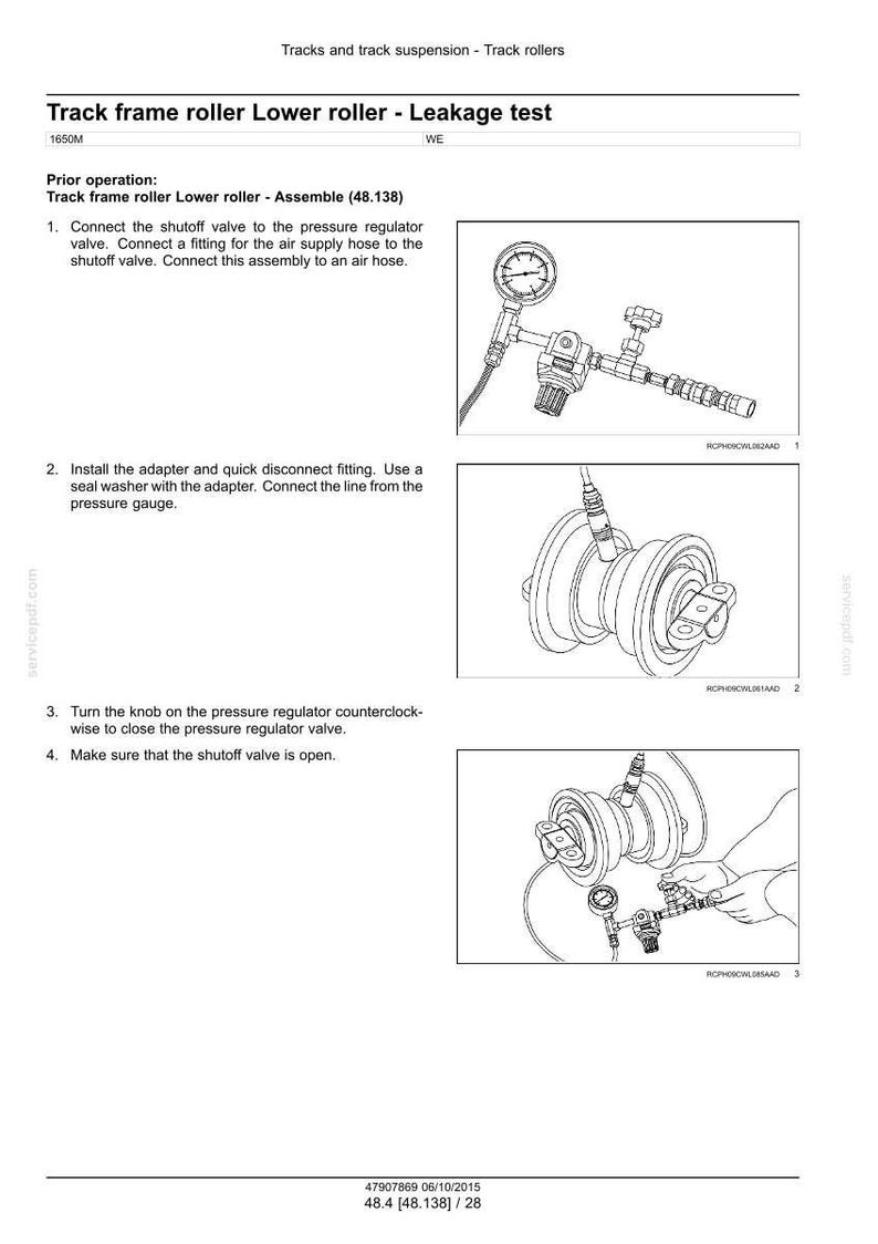Peut inclure: Sch&eacute;ma d'un test de fuite de rouleau de ch&acirc;ssis de chenille, avec des illustrations d&eacute;taill&eacute;es du processus d'assemblage. Comprend un manom&egrave;tre, une vanne d'arr&ecirc;t et d'autres composants m&eacute;caniques. Texte avec instructions et num&eacute;ros de pi&egrave;ces.