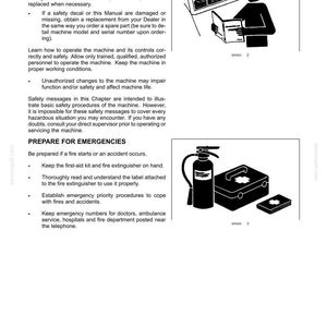 May include: A page titled 2-SAFETY INFORMATION containing text instructions on safety precautions and emergency preparation. It features two black and white illustrations: one of a person reading a manual and one showing a fire extinguisher and first-aid kit.