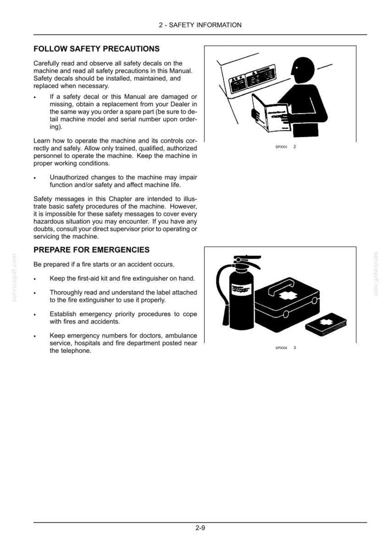 May include: A page titled 2-SAFETY INFORMATION containing text instructions on safety precautions and emergency preparation. It features two black and white illustrations: one of a person reading a manual and one showing a fire extinguisher and first-aid kit.