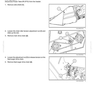 May include: Diagram of a machine component with instructions for removing drive shafts. The image includes numbered steps and illustrations of the parts, such as the side shield, adjustment nut, and drive chain.