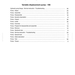 May include: A white document titled "Index" with the heading "Hydraulic systems - 35." The document lists topics related to a variable displacement pump, including assembly, disassembly, and service instructions. Page numbers are listed to the right.