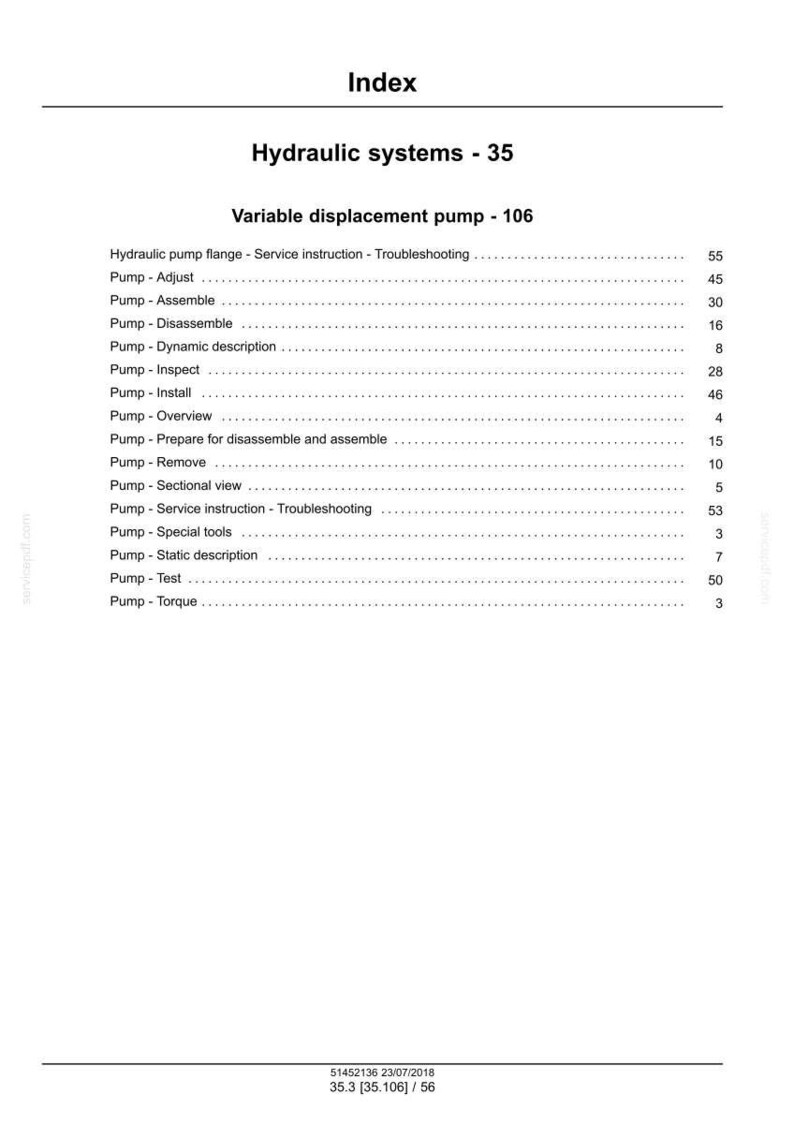 May include: A white document titled "Index" with the heading "Hydraulic systems - 35." The document lists topics related to a variable displacement pump, including assembly, disassembly, and service instructions. Page numbers are listed to the right.