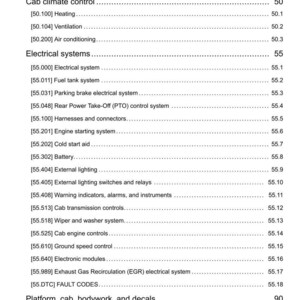 Puede incluir: Un &iacute;ndice detallado de un manual, con secciones sobre ruedas delanteras y traseras, control clim&aacute;tico de la cabina, sistemas el&eacute;ctricos y componentes de la plataforma. El documento incluye n&uacute;meros de p&aacute;gina y subsecciones.