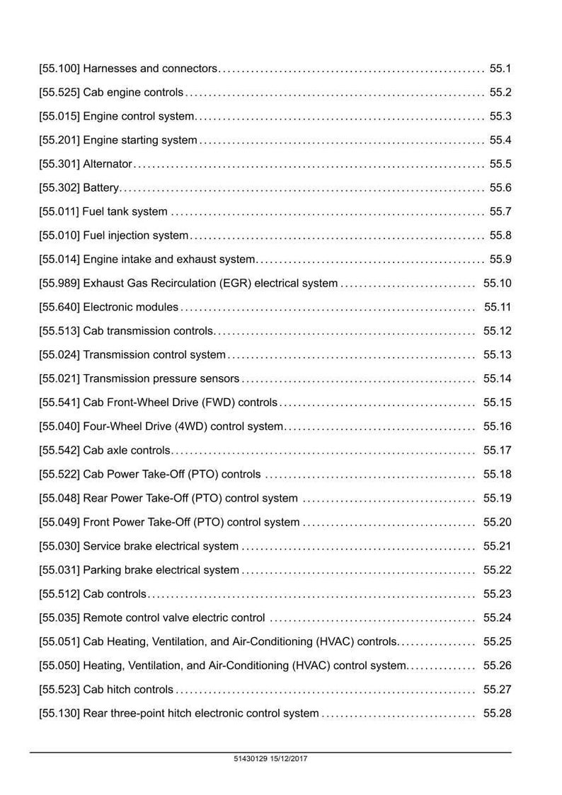 May include: A detailed table of contents from a manual, listing various automotive systems and components. Includes sections on engine controls, brakes, and HVAC systems. The document is dated 12/15/2017.