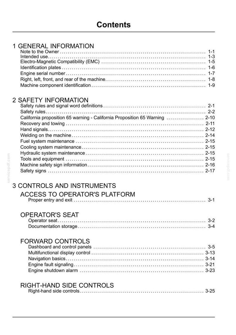 Puede incluir: Una p&aacute;gina de documento blanca con el t&iacute;tulo "Contents" en la parte superior. El documento enumera secciones como "General Information", "Safety Information" y "Controls and Instruments", con los n&uacute;meros de p&aacute;gina correspondientes.