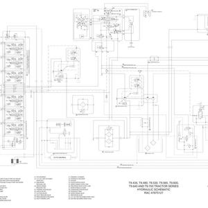 Puede incluir: Diagrama esquem&aacute;tico hidr&aacute;ulico detallado en blanco y negro para las series de tractores TR435, TR480, TR530, TR565, TR600 y TS645 y TS700. El diagrama muestra varios componentes y l&iacute;neas.