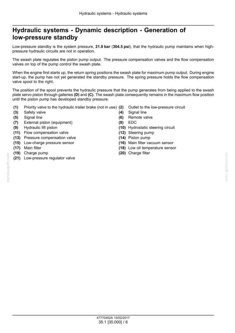 May include: Diagram of a hydraulic system with a dynamic description of low-pressure standby. The text explains the system's function, including the swash plate, pressure compensation valves, and various components like the piston pump and safety valve.
