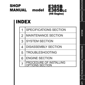 May include: A white shop manual for a New Holland hydraulic excavator, models E385B and E385BLC with HS engine. The cover features an index listing seven sections including specifications, maintenance, system, disassembly, troubleshooting, engine, and options.