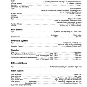 May include: A detailed technical diagram with specifications for transmissions, foot brakes, hydraulic systems, steering, differential locks, and hitch systems. Includes measurements in inches and millimeters, and operating pressures in kg/cm&sup2; and lb/in&sup2;.