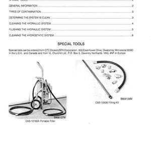 May include: A page from a manual with the title "TABLE OF CONTENTS". It lists topics like "SPECIAL TOOLS" and "CLEANING THE HYDROSTATIC SYSTEM". Includes images of a portable filter and a fitting kit.