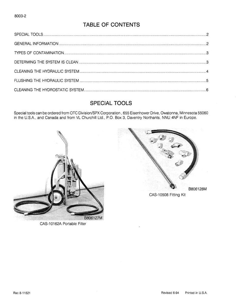May include: A page from a manual with the title "TABLE OF CONTENTS". It lists topics like "SPECIAL TOOLS" and "CLEANING THE HYDROSTATIC SYSTEM". Includes images of a portable filter and a fitting kit.