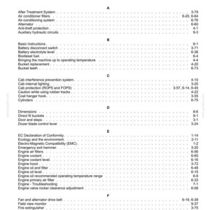 May include: A printed index page with the title "Index" at the top. The page is divided into sections with various topics and page numbers, including "Air conditioner filters" and "Engine coolant level."
