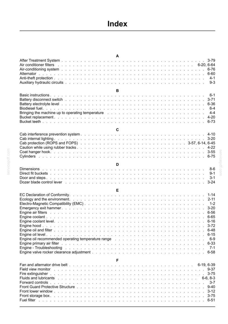 May include: A printed index page with the title "Index" at the top. The page is divided into sections with various topics and page numbers, including "Air conditioner filters" and "Engine coolant level."