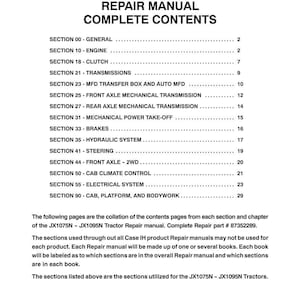 May include: A printed page from a repair manual for JX1075N - JX1095N tractors. The document lists the complete contents, including sections on the engine, brakes, and electrical systems. The repair manual part number is 87352289.