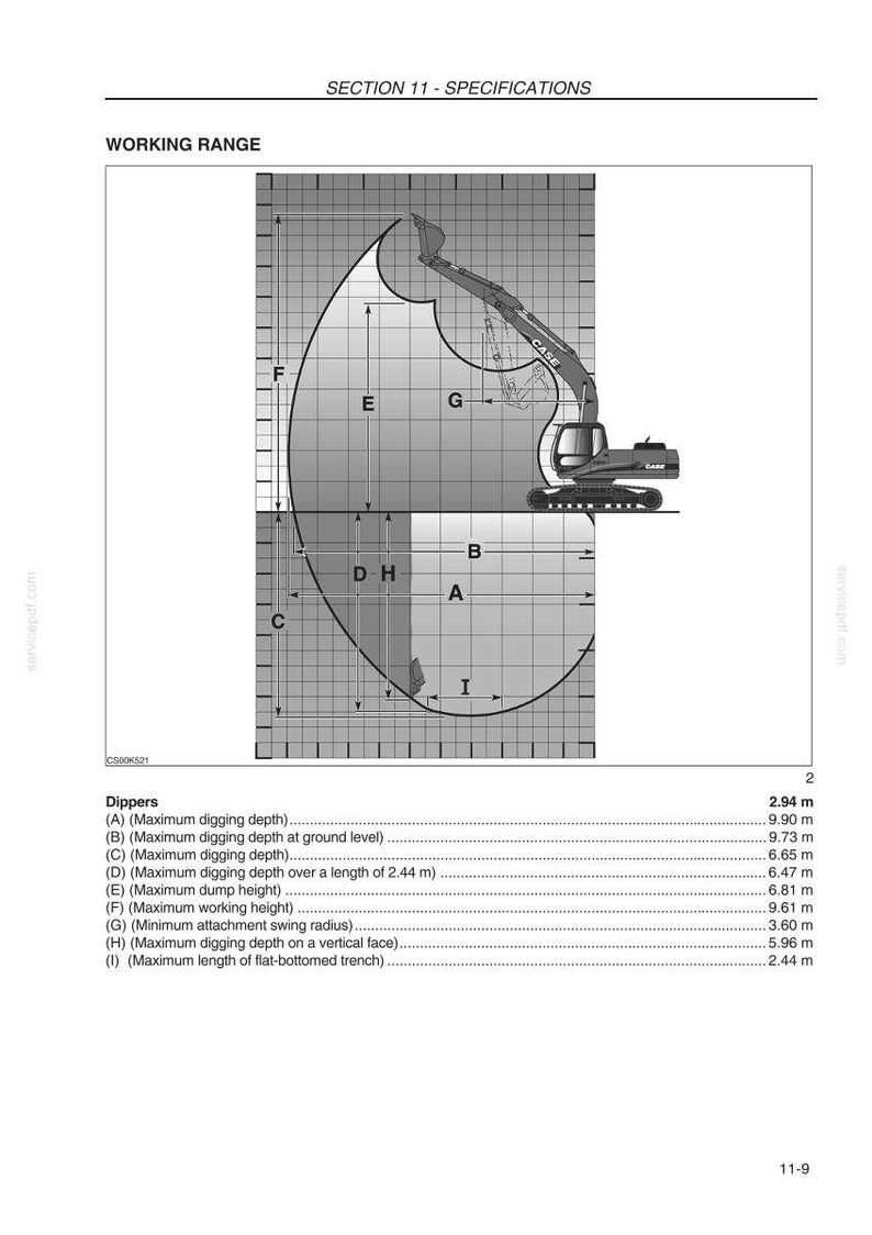 May include: Diagram of a CASE excavator's working range, with labeled dimensions in meters. The diagram includes maximum digging depth, dump height, and working height, with a detailed illustration of the excavator.