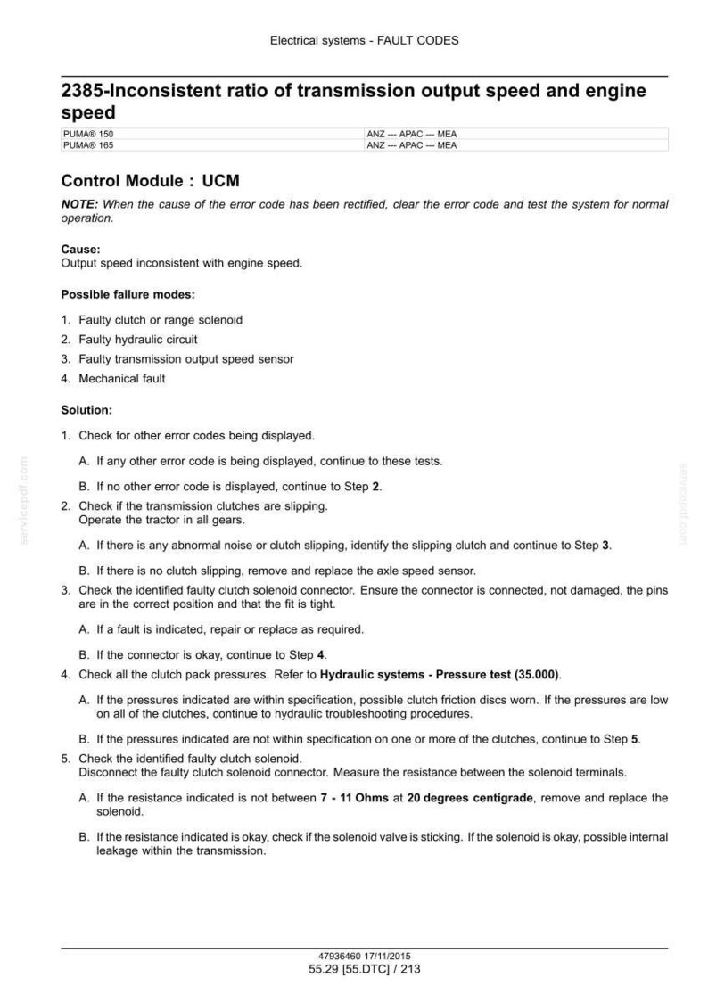 May include: Diagnostic information for electrical systems, including fault codes and troubleshooting steps. The document details error code 2385, inconsistent transmission output speed and engine speed, with possible failure modes and solutions.