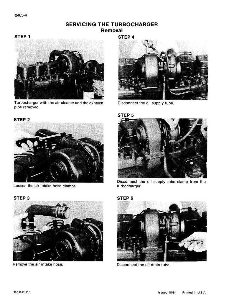 Pode incluir: Um diagrama em preto e branco que ilustra as etapas para a manuten&ccedil;&atilde;o de um turbocompressor. As etapas incluem a remo&ccedil;&atilde;o do filtro de ar, a desconex&atilde;o dos tubos e a remo&ccedil;&atilde;o da mangueira de admiss&atilde;o de ar. O texto inclui "SERVICING THE TURBOCHARGER Removal".