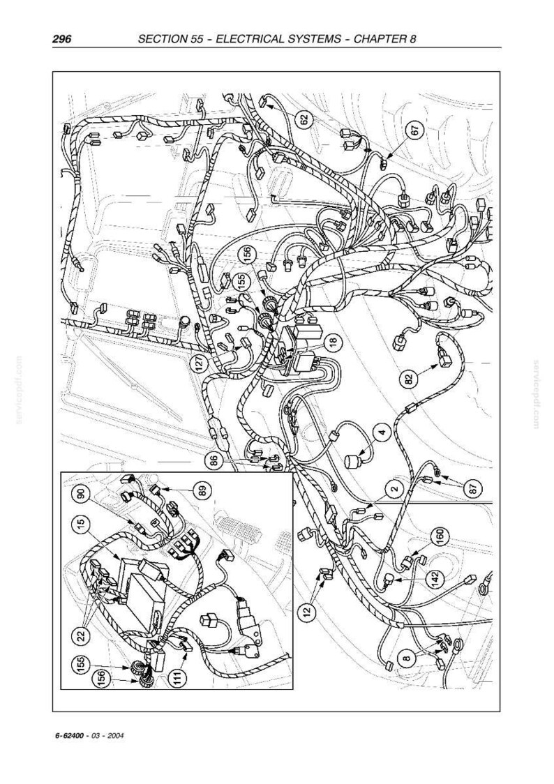 May include: Diagram of an electrical system, featuring a complex network of wires, connectors, and components. The image includes detailed illustrations of wiring harnesses, labeled with numbers and symbols. The diagram is from a technical manual, with the title "SECTION 55 - ELECTRICAL SYSTEMS - CHAPTER 8".
