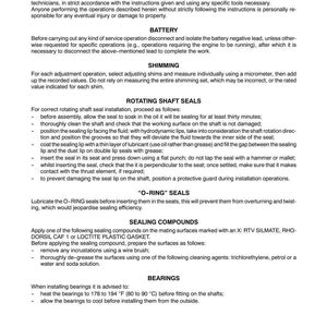 May include: A page from a manual with the title "GENERAL INSTRUCTIONS." The text details instructions for maintenance, battery procedures, shimming, rotating shaft seals, O-ring seals, sealing compounds, and bearings. The document includes warnings and specific steps.