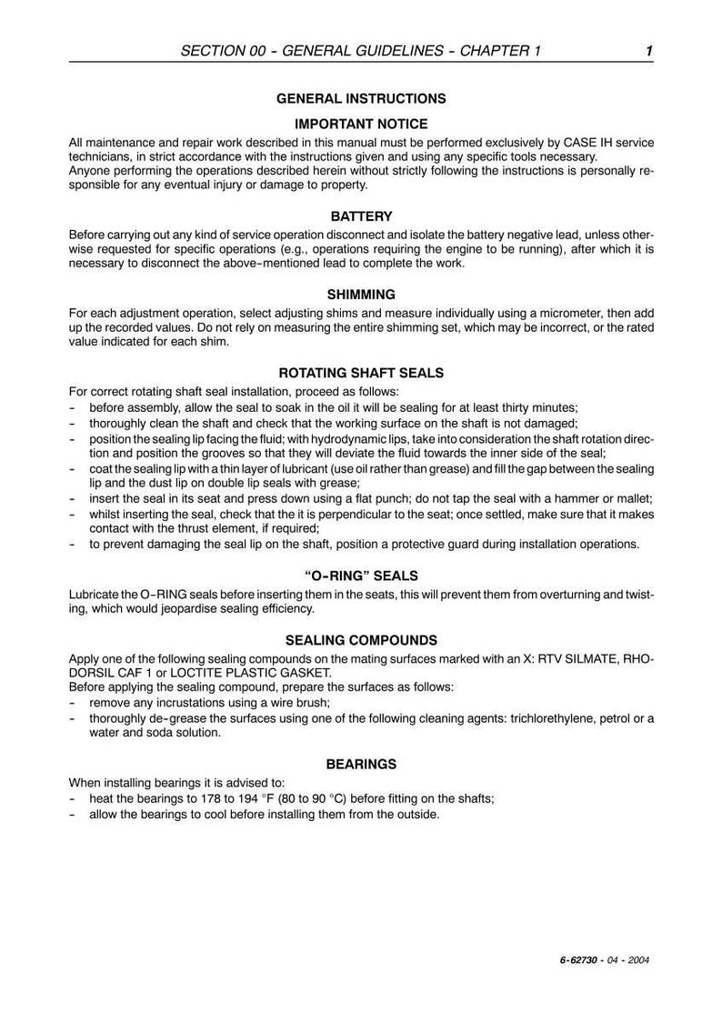 May include: A page from a manual with the title "GENERAL INSTRUCTIONS." The text details instructions for maintenance, battery procedures, shimming, rotating shaft seals, O-ring seals, sealing compounds, and bearings. The document includes warnings and specific steps.