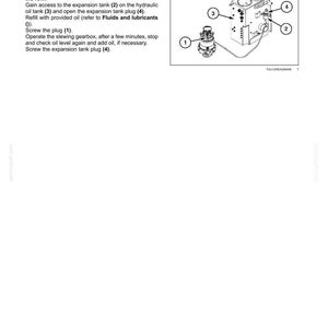 Op de afbeelding: Diagram van de vulprocedure voor een hydraulisch zwenksysteem. De afbeelding toont een gedetailleerde illustratie van de systeemcomponenten, met genummerde labels die onderdelen zoals pluggen en tanks aangeven. Onderhoudsinstructies zijn inbegrepen.