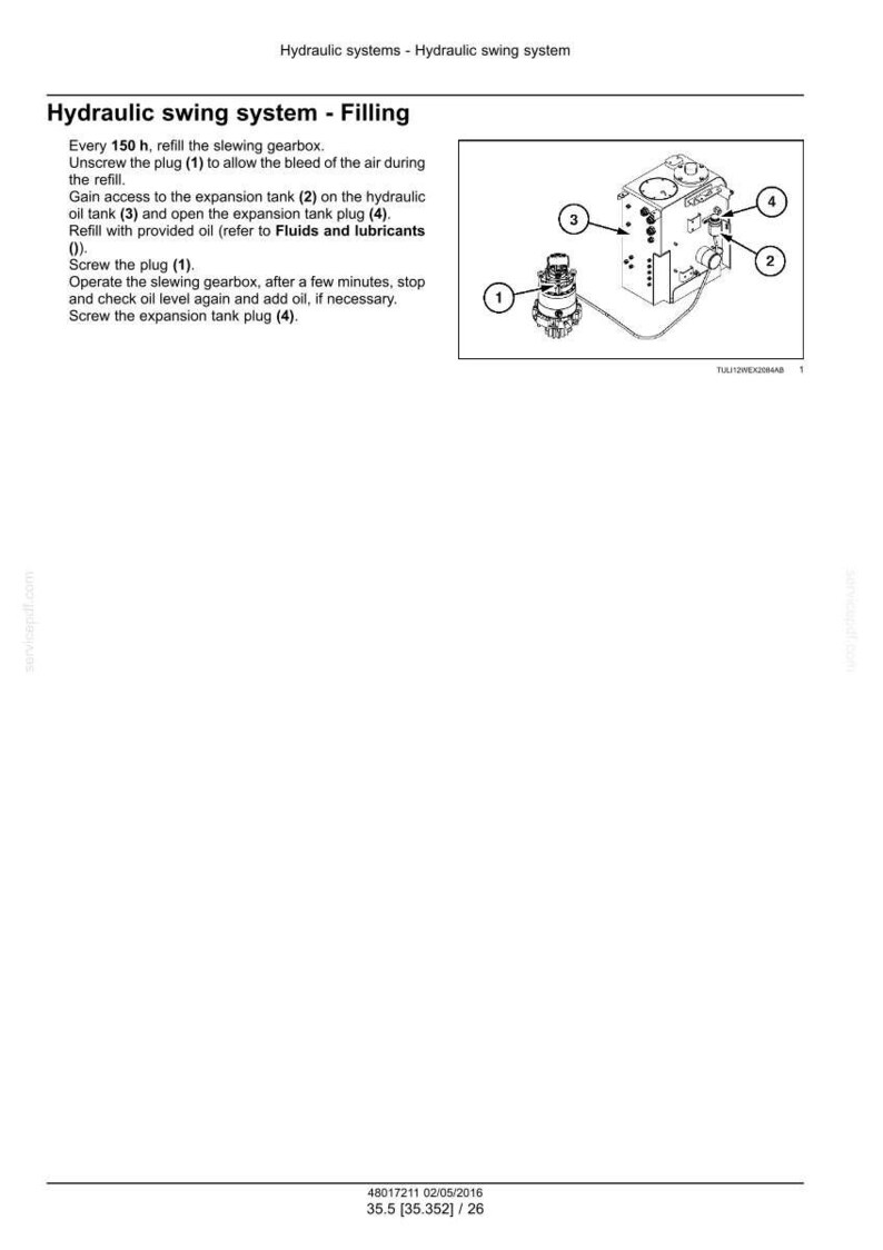 Op de afbeelding: Diagram van de vulprocedure voor een hydraulisch zwenksysteem. De afbeelding toont een gedetailleerde illustratie van de systeemcomponenten, met genummerde labels die onderdelen zoals pluggen en tanks aangeven. Onderhoudsinstructies zijn inbegrepen.