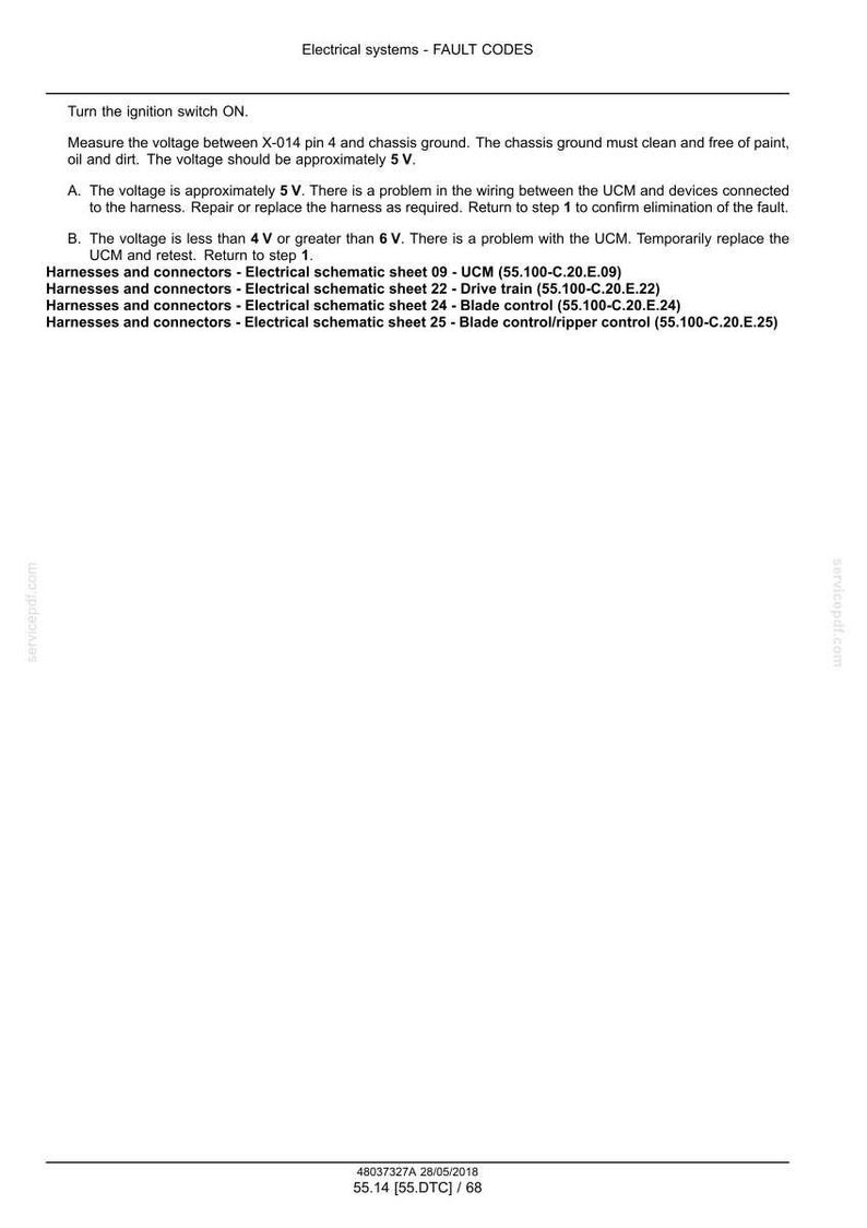 May include: A white document with the title "Electrical systems - FAULT CODES" and instructions for checking voltage and troubleshooting. Includes a list of harnesses and connectors with electrical schematic sheet numbers.