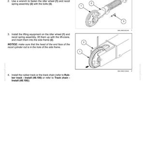 May include: Diagram illustrating the installation of track tension units, featuring an idler wheel, recoil spring assembly, and bolts. The instructions provide a step-by-step guide to assembly, with numbered components.