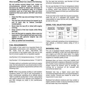 May include: A page from a tractor manual titled Section 4 - Lubrication and Maintenance. It contains text regarding fueling, fuel requirements, and a diesel fuel selection chart with columns for classification, boiling point, cetane rating, and sulphur content.