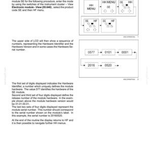 May include: Diagram of an electronic module's hardware information, including the HF menu and SE module. The image shows a sequence of numbers representing the hardware identifier, version, and serial number. Text explains the function of each number.