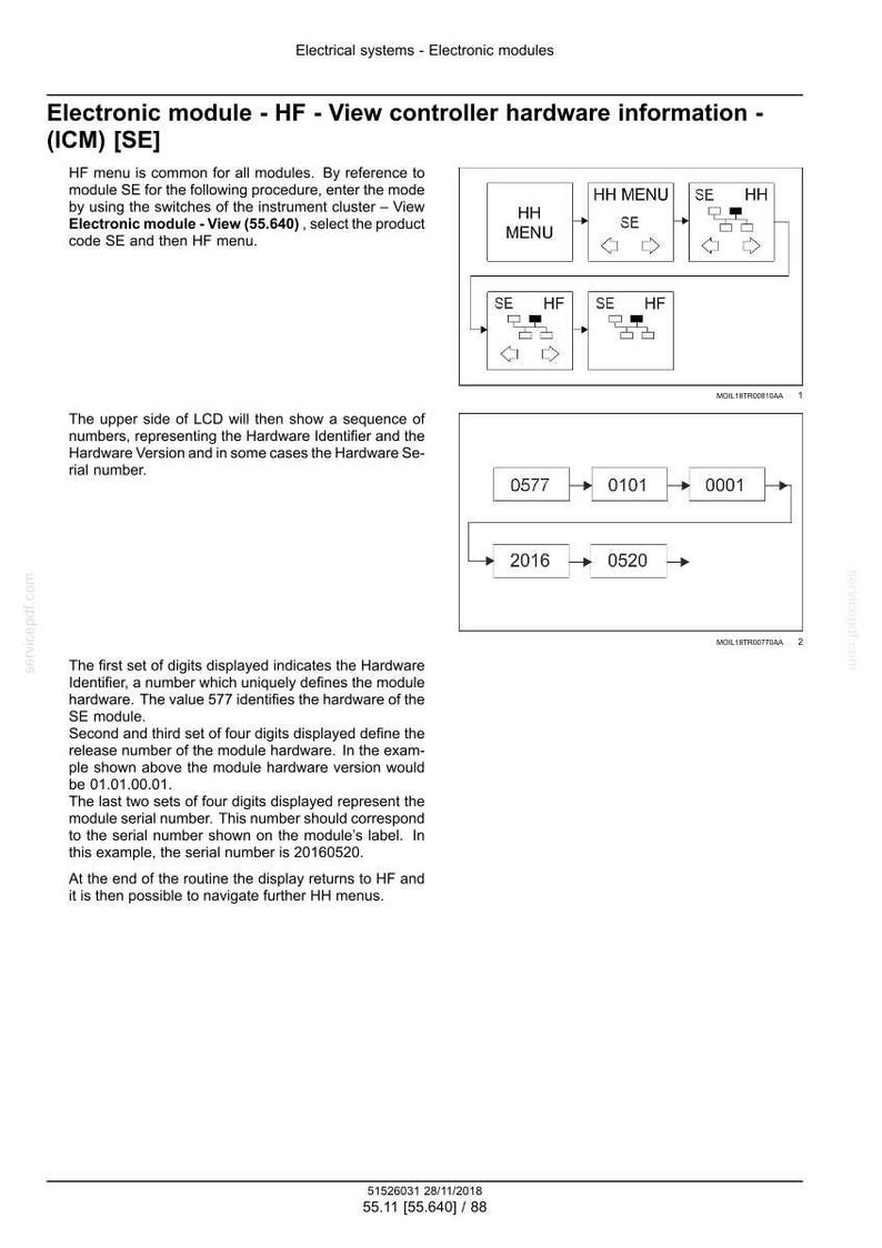 May include: Diagram of an electronic module's hardware information, including the HF menu and SE module. The image shows a sequence of numbers representing the hardware identifier, version, and serial number. Text explains the function of each number.